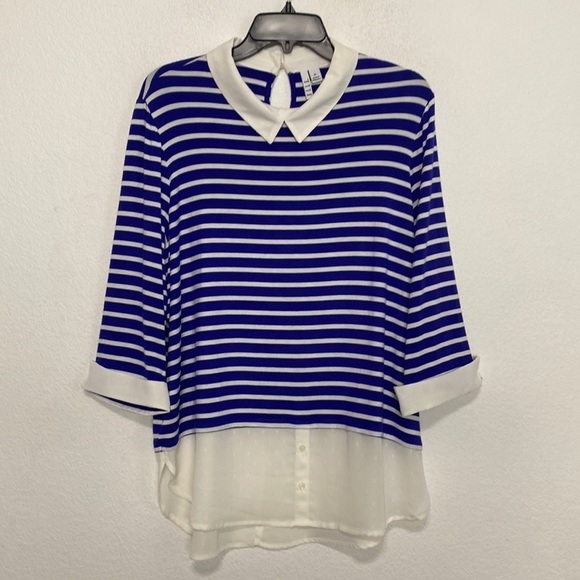Elle Blue White Striped Long Sleeve Collared Layer Shirt Dress Tunic Top Size XL - Picture 1 of 9